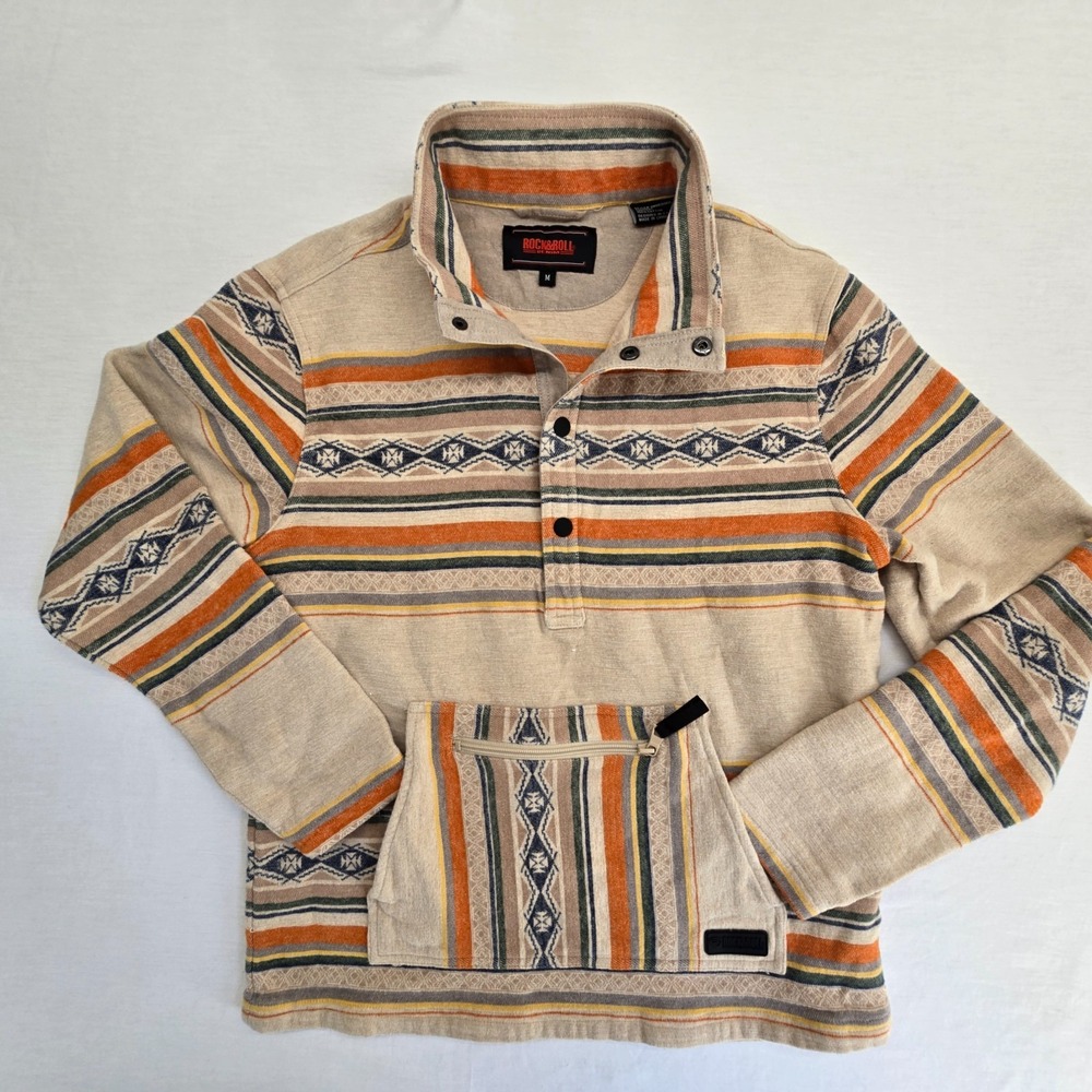 Rock & Roll Denim Aztec Jacket Womens M 1/2 Snap Southwest Pullover Brown